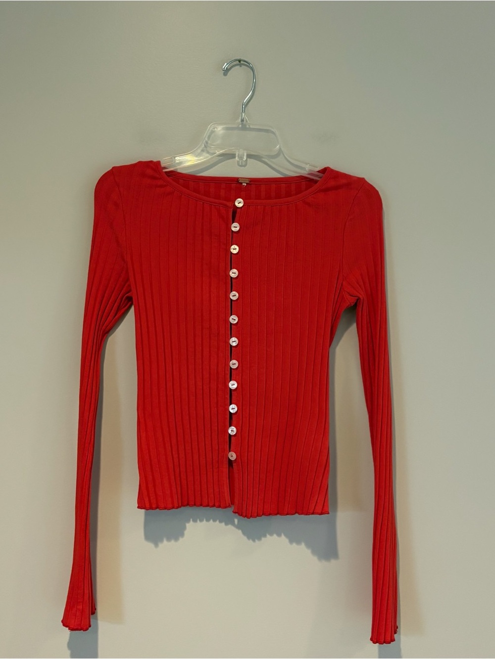 Free People Red Ribbed Button-Down Cardigan Size S
